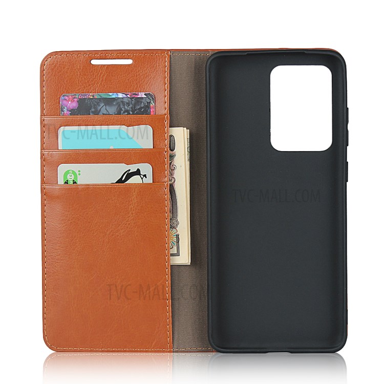 Crazy Horse Genuine Leather Wallet Stand Phone Cover for Samsung Galaxy S20 Ultra - Light Brown-4