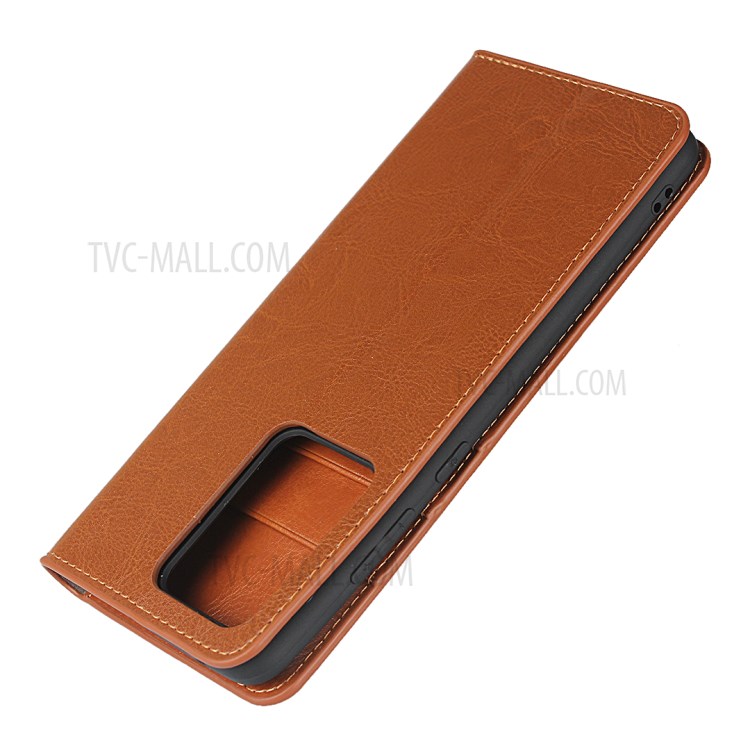 Crazy Horse Genuine Leather Wallet Stand Phone Cover for Samsung Galaxy S20 Ultra - Light Brown-6