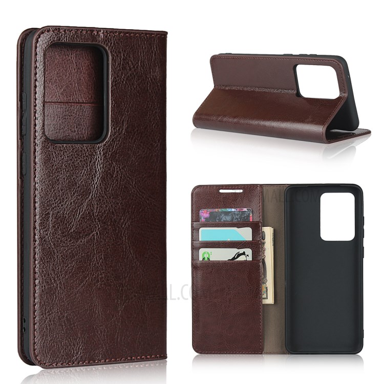 Crazy Horse Genuine Leather Wallet Stand Phone Cover for Samsung Galaxy S20 Ultra - Dark Brown-1