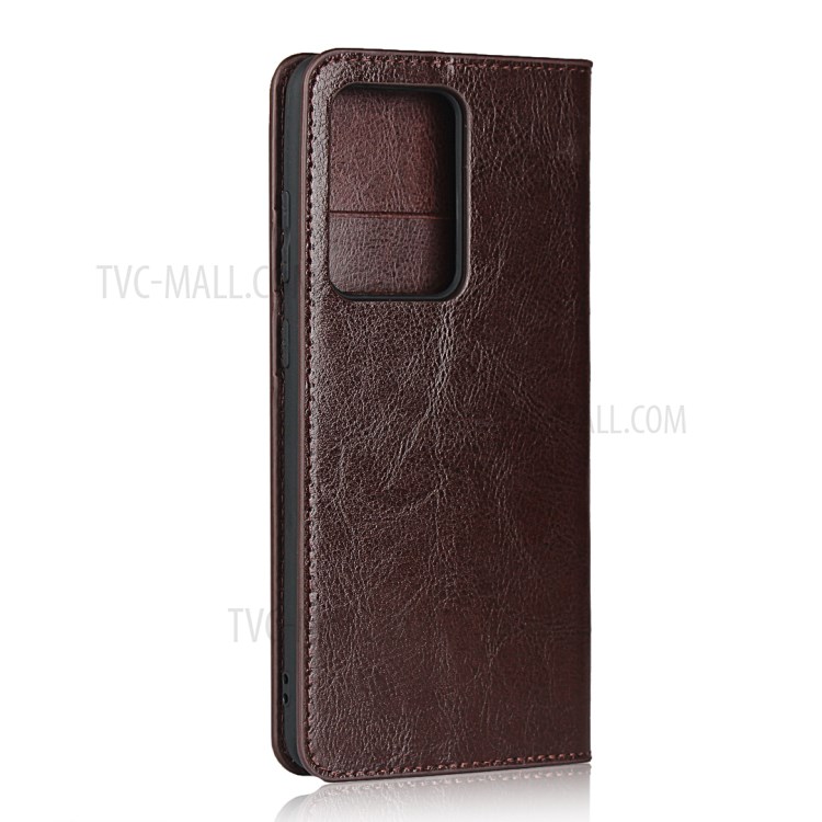 Crazy Horse Genuine Leather Wallet Stand Phone Cover for Samsung Galaxy S20 Ultra - Dark Brown-3