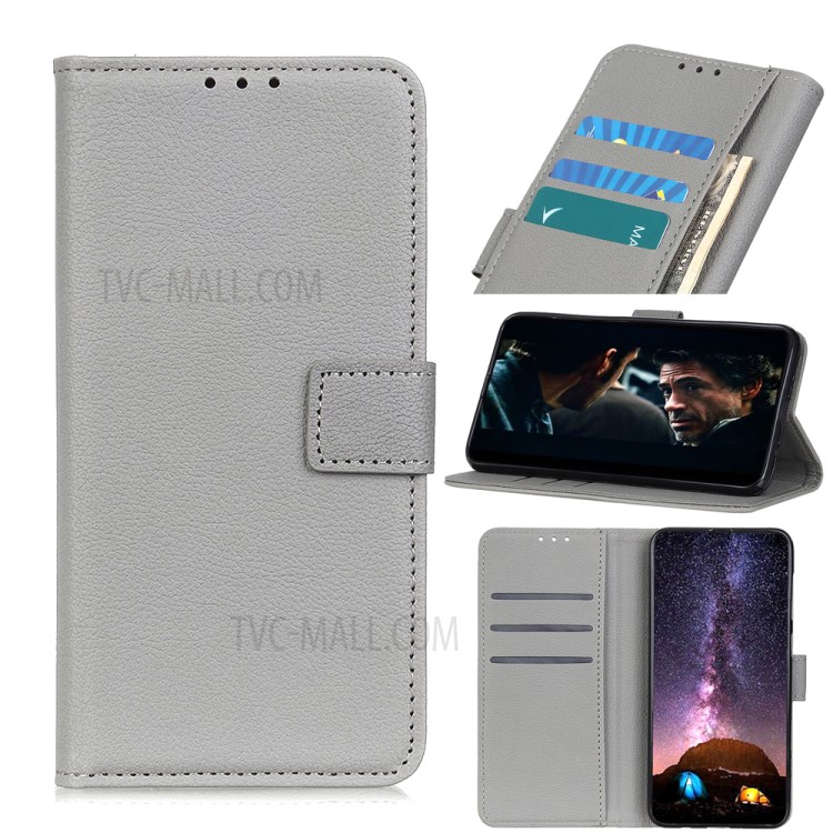 Litchi Skin PU Leather Wallet Case for Samsung Galaxy A51 - Silver-1