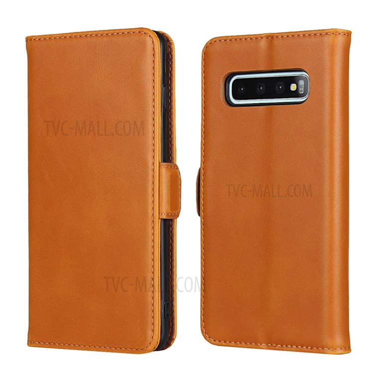 Magnet Adsorption Genuine Leather Wallet Stand Phone Casing for Samsung Galaxy S10 - Brown-1
