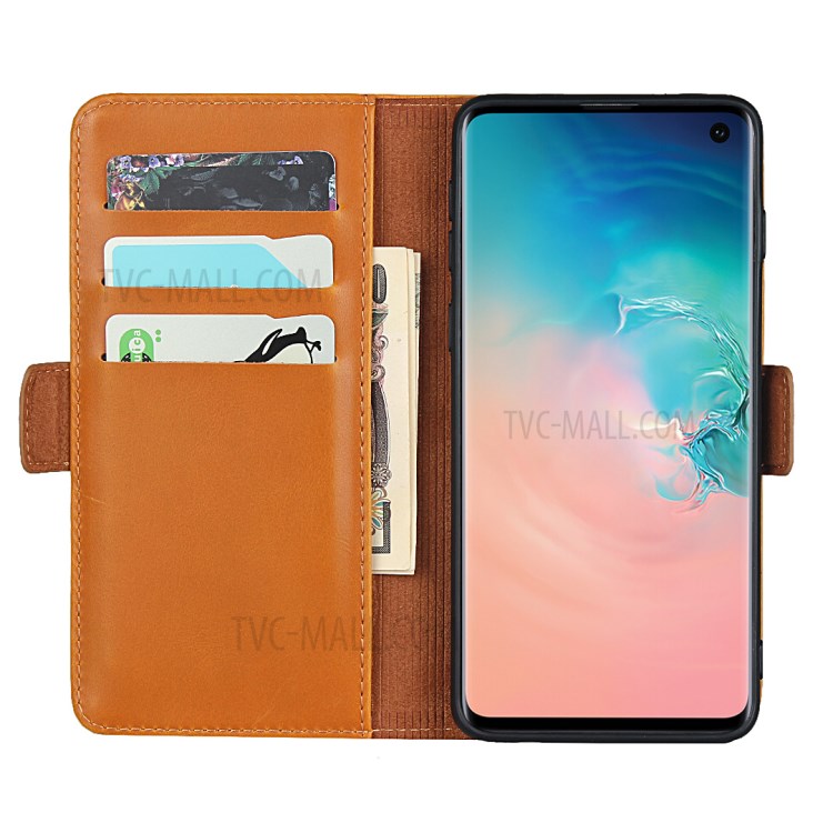 Magnet Adsorption Genuine Leather Wallet Stand Phone Casing for Samsung Galaxy S10 - Brown-4