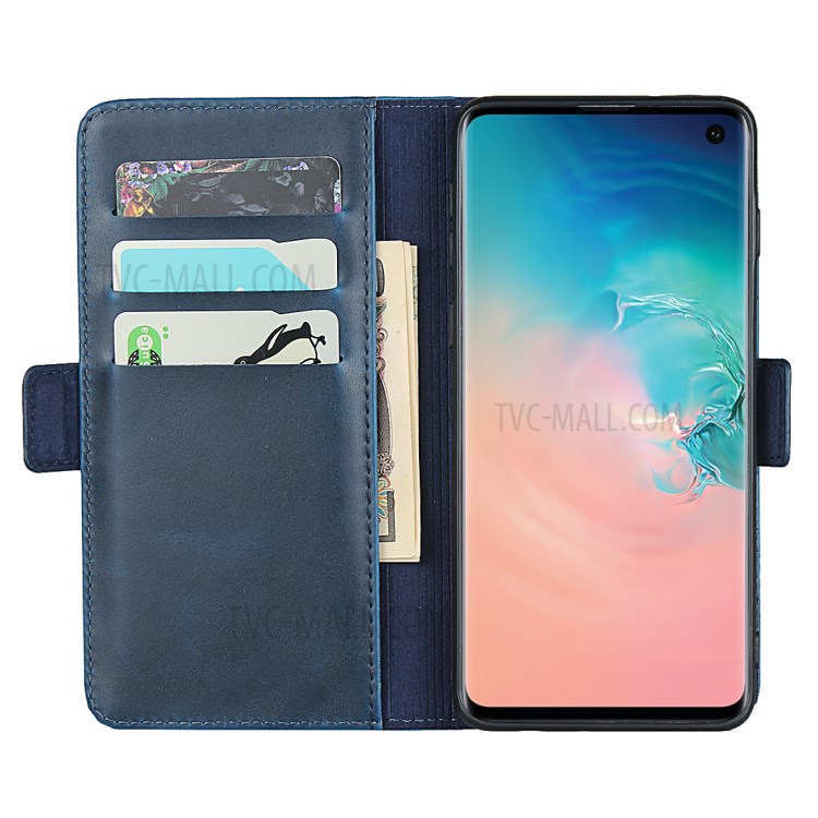 Magnet Adsorption Genuine Leather Wallet Stand Phone Casing for Samsung Galaxy S10 - Blue-4