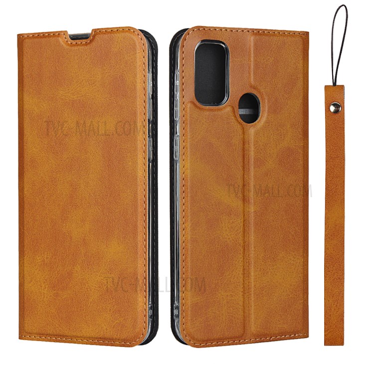 Leather Stand Case with Card Slot for Samsung Galaxy M30s/M21 - Brown-1