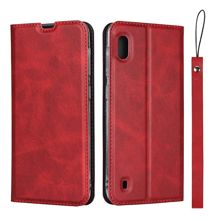 Tpu+pu Elegante Casca de Couro Com Alça Para a Samsung Galaxy A10 - Vermelho