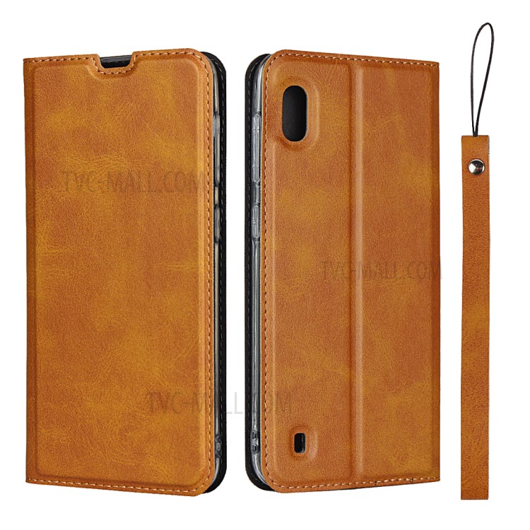 TPU+PU Stylish Leather Shell with Strap for Samsung Galaxy A10 - Brown-1