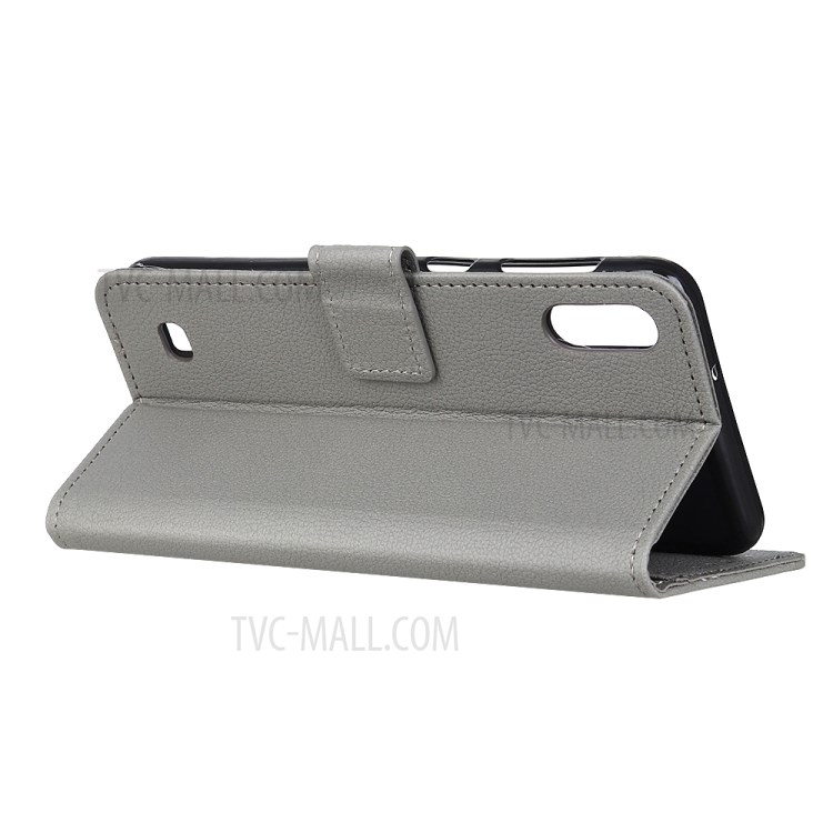 Litchi Skin Magnetic Leather Wallet Phone Casing for Samsung Galaxy A01 - Grey-8