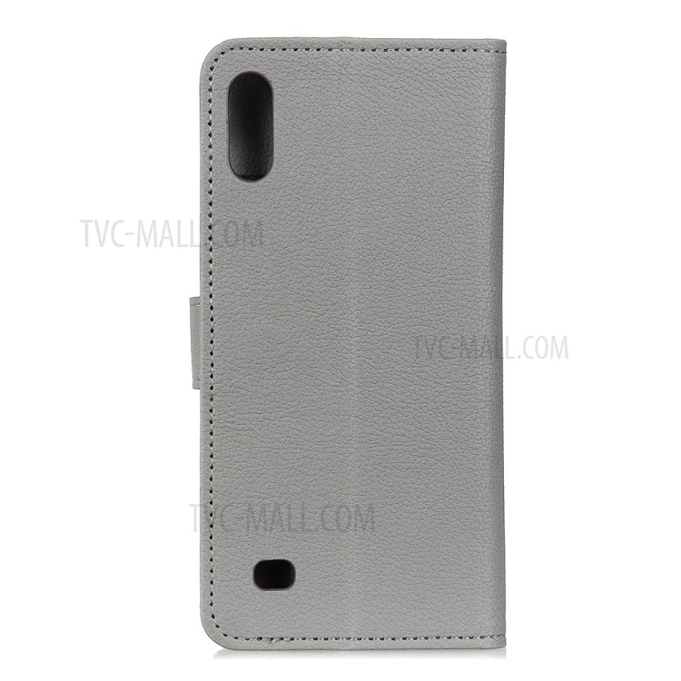 Litchi Skin Magnetic Leather Wallet Phone Casing for Samsung Galaxy A01 - Grey-9
