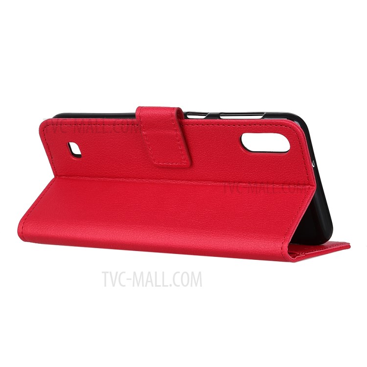 Litchi Skin Magnetic Leather Wallet Phone Casing for Samsung Galaxy A01 - Red-9