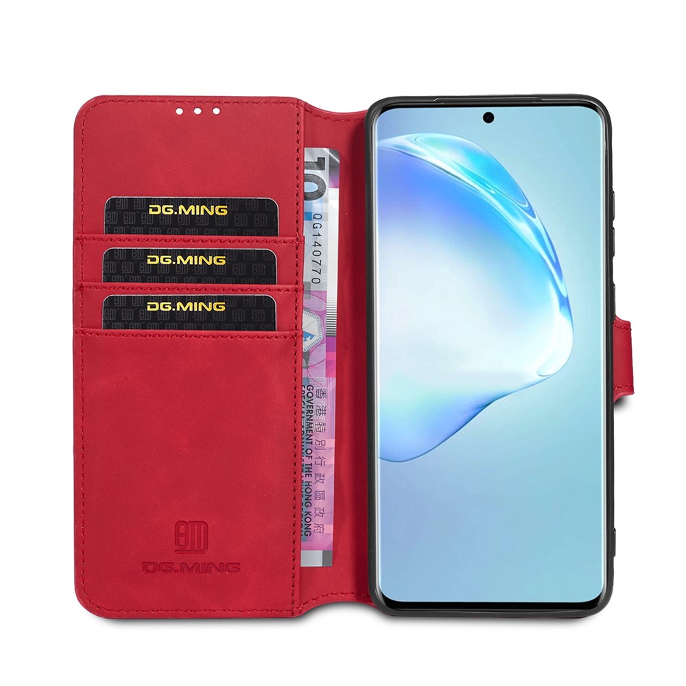 DG.MING Retro Style Leather Wallet Stand Protective Shell Case for Samsung Galaxy S20 - Red-4