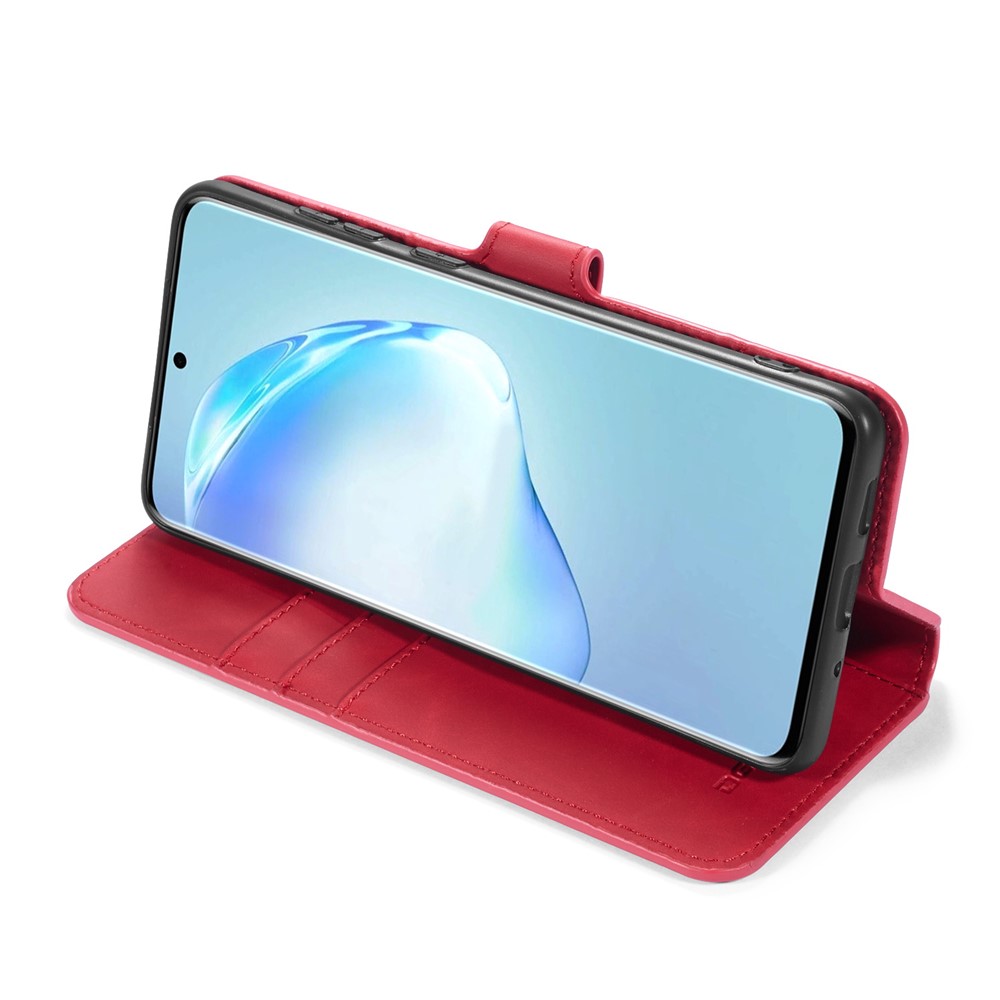 DG.MING Retro Style Leather Wallet Stand Protective Shell Case for Samsung Galaxy S20 - Red-5