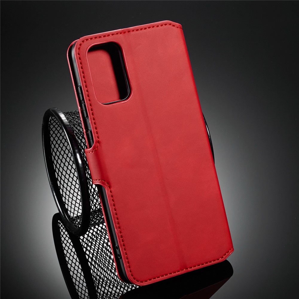 DG.MING Retro Style Leather Wallet Stand Protective Shell Case for Samsung Galaxy S20 - Red-9