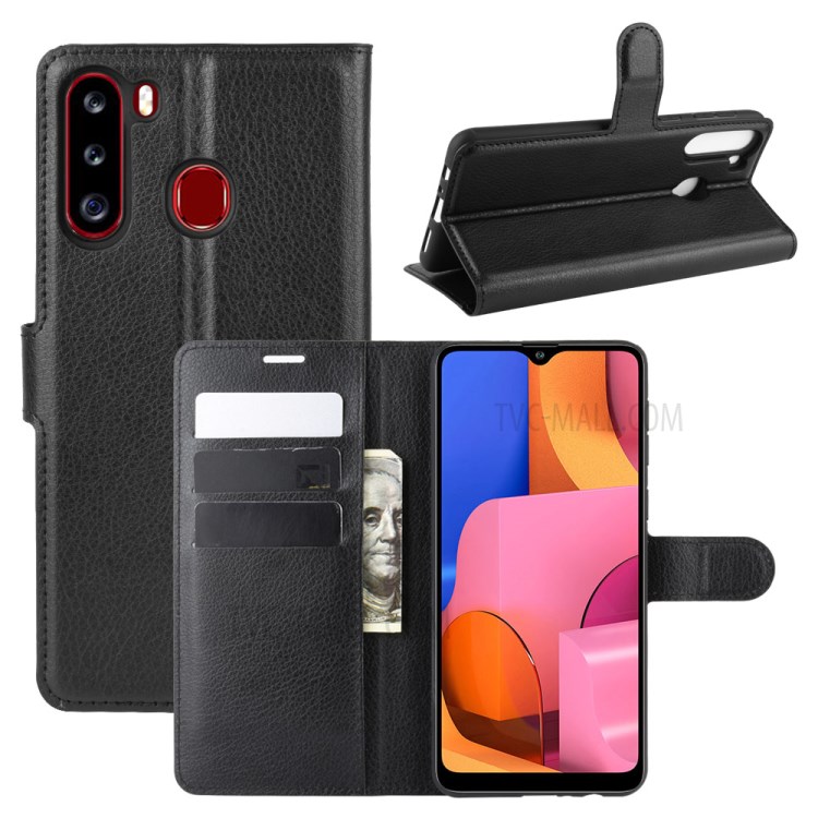 Litchi Skin Wallet Leather Stand Case for Samsung Galaxy A21 - Black-1