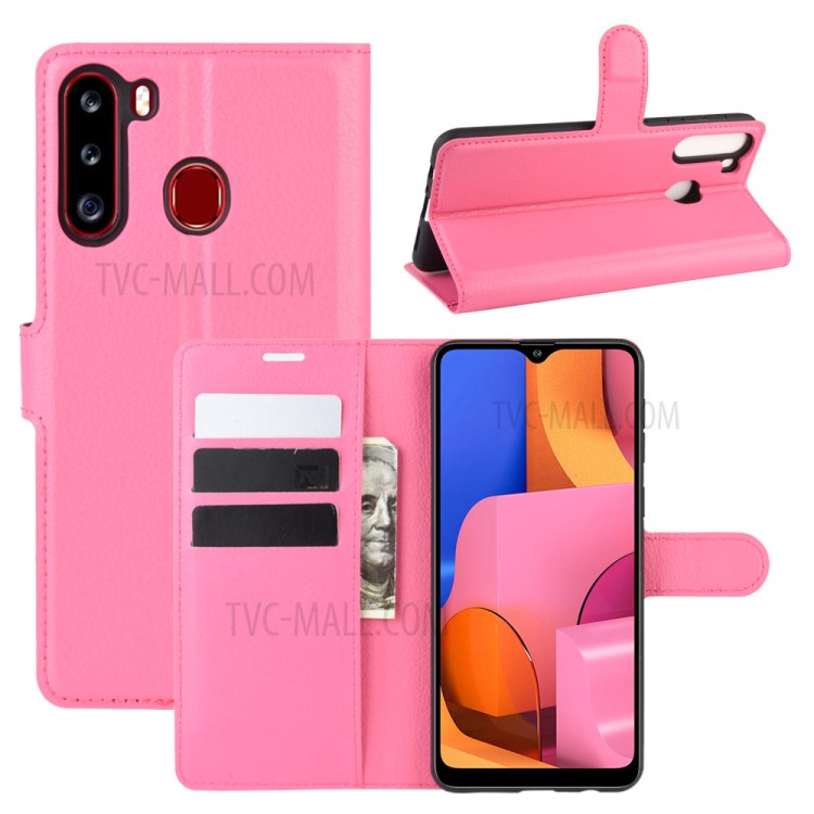 Litchi Skin Wallet Leather Stand Case for Samsung Galaxy A21 - Rose-1