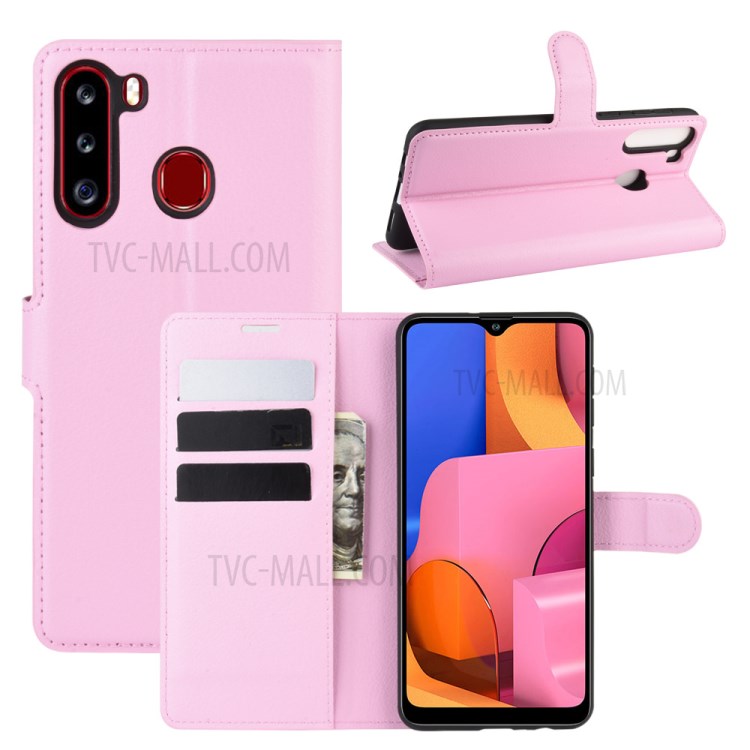 Litchi Skin Wallet Leather Stand Case for Samsung Galaxy A21 - Pink-1