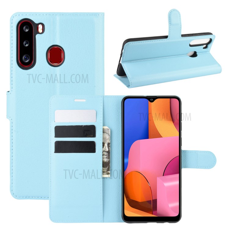 Litchi Skin Wallet Leather Stand Case for Samsung Galaxy A21 - Blue-1