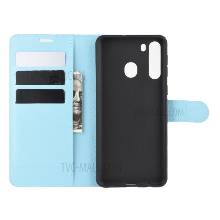 Litchi Skin Wallet Leather Stand Case for Samsung Galaxy A21 - Blue-3