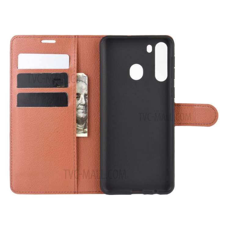 Litchi Skin Wallet Leather Stand Case for Samsung Galaxy A21 - Brown-3