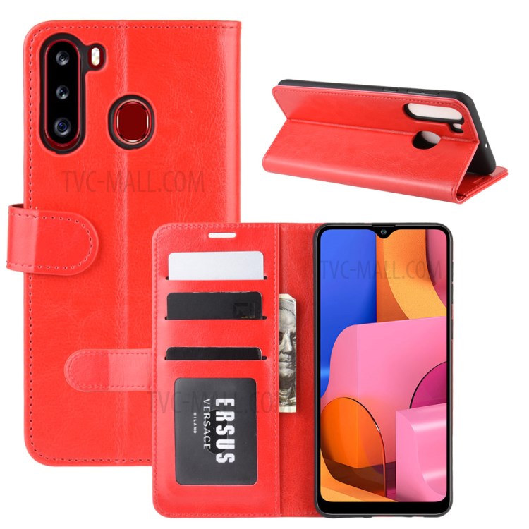 Crazy Horse Surface Leather Wallet Covering for Samsung Galaxy A21 - Red-1