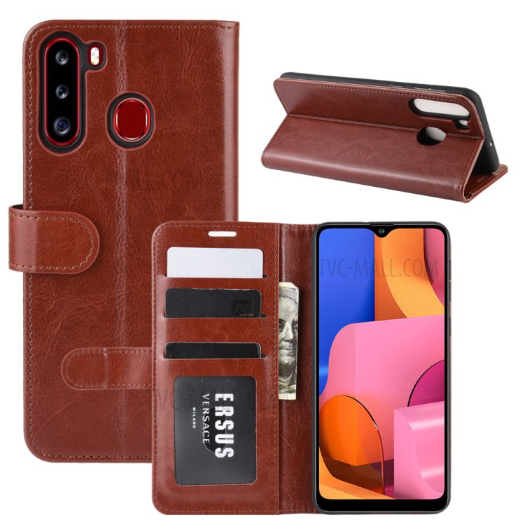 Crazy Horse Surface Leather Wallet Covering for Samsung Galaxy A21 - Brown-1