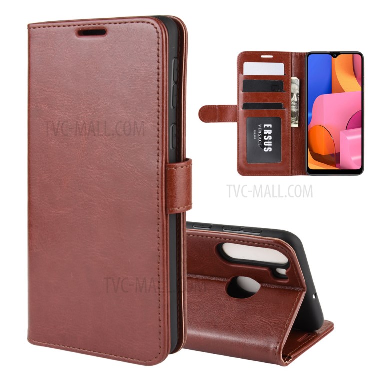 Crazy Horse Surface Leather Wallet Covering for Samsung Galaxy A21 - Brown-2