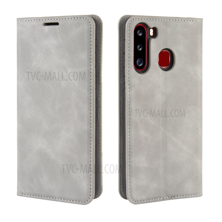 Silky Touch Leather Wallet Stylish Case for Samsung Galaxy A21 - Grey-2