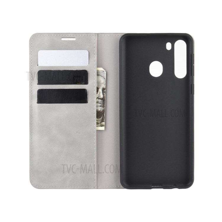 Silky Touch Leather Wallet Stylish Case for Samsung Galaxy A21 - Grey-4