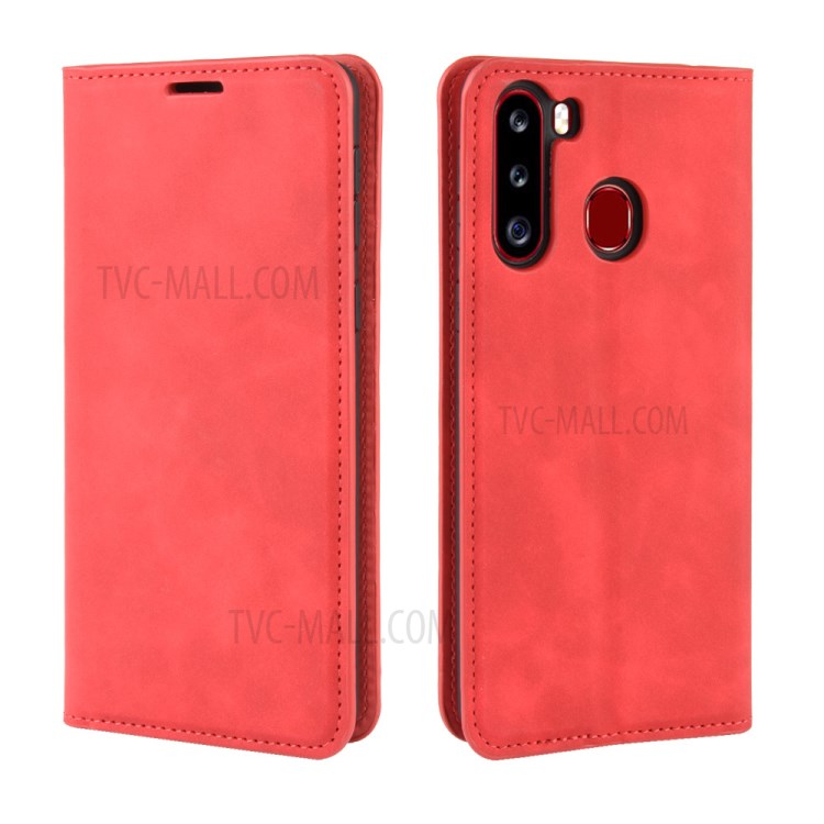 Silky Touch Leather Wallet Stylish Case for Samsung Galaxy A21 - Red-2