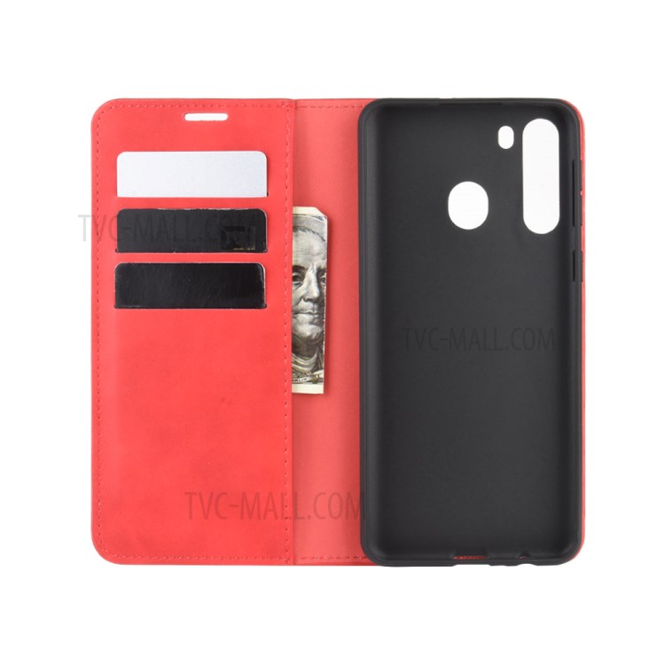 Silky Touch Leather Wallet Stylish Case for Samsung Galaxy A21 - Red-4