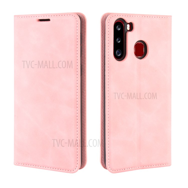 Silky Touch Leather Wallet Stylish Case for Samsung Galaxy A21 - Pink-2