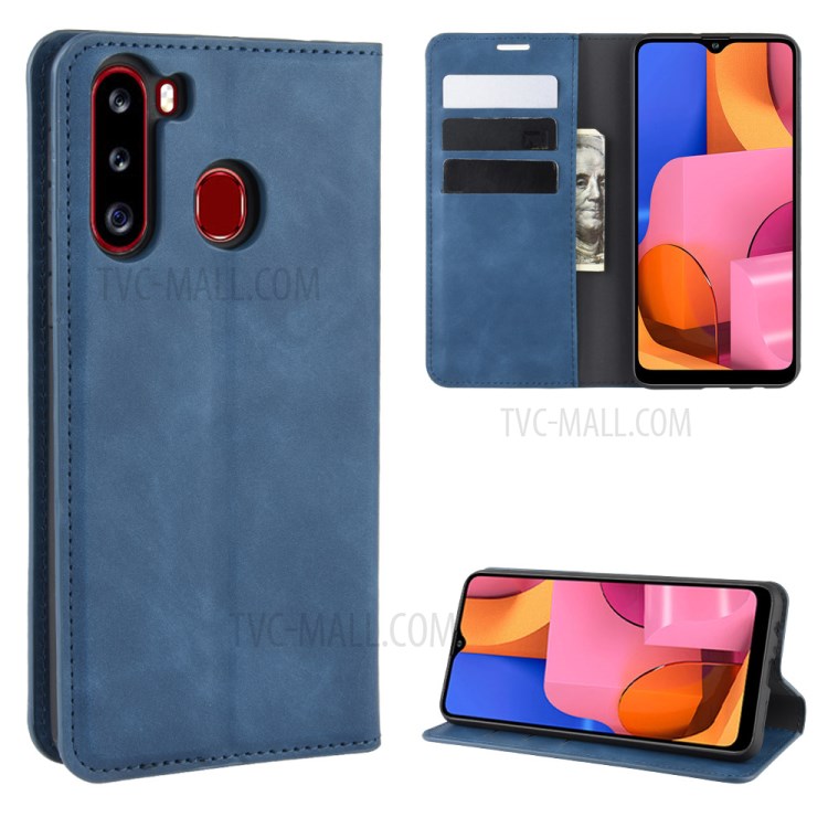 Silky Touch Leather Wallet Stylish Case for Samsung Galaxy A21 - Blue-1