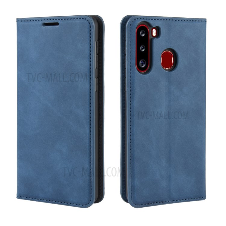 Silky Touch Leather Wallet Stylish Case for Samsung Galaxy A21 - Blue-2
