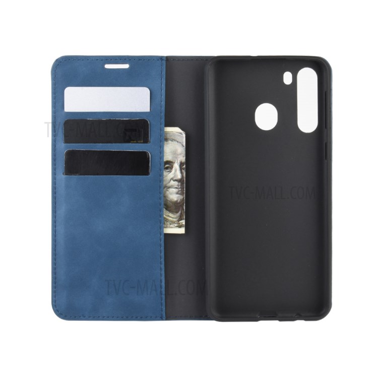 Silky Touch Leather Wallet Stylish Case for Samsung Galaxy A21 - Blue-4