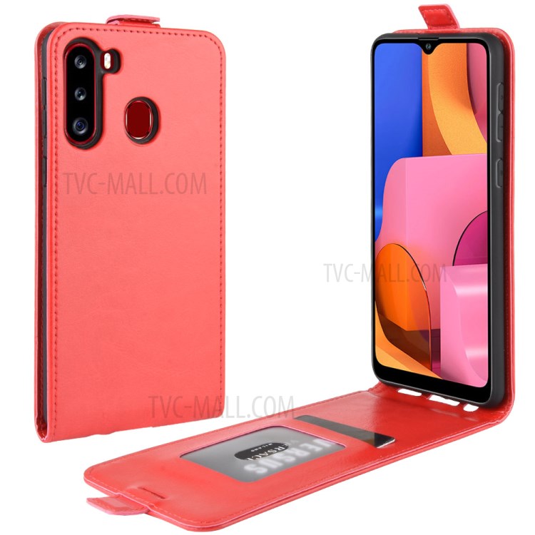 Crazy Horse Skin Vertical Flip Leather Phone Shell for Samsung Galaxy A21 - Red-1