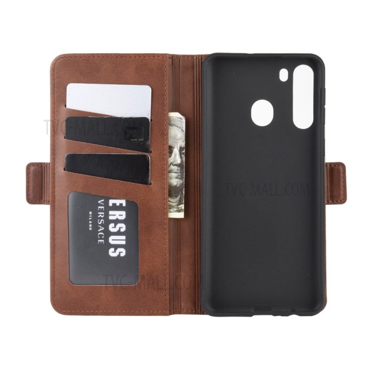 Magnet Adsorption Leather Wallet Case for Samsung Galaxy A21 - Coffee-4