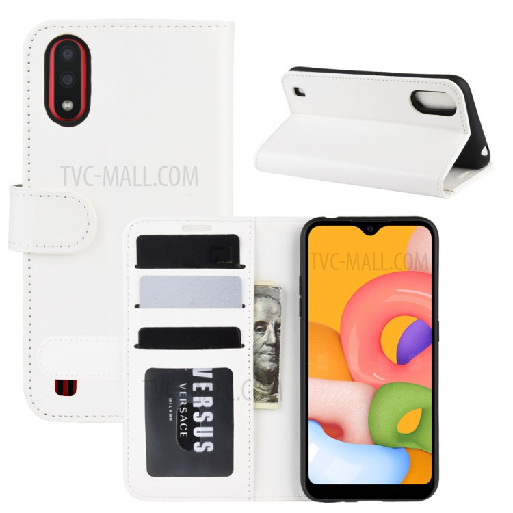 Crazy Horse Surface with Wallet Leather Phone Stand Casing for Samsung Galaxy A01 - White-2