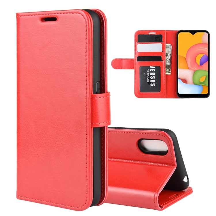 Crazy Horse Surface with Wallet Leather Phone Stand Casing for Samsung Galaxy A01 - Red-1