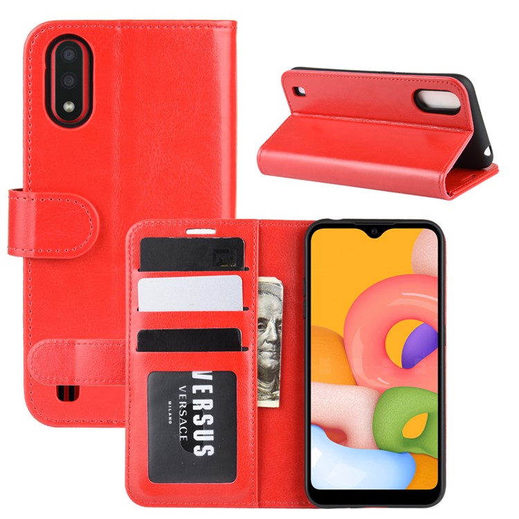 Crazy Horse Surface with Wallet Leather Phone Stand Casing for Samsung Galaxy A01 - Red-2