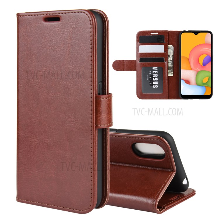 Crazy Horse Surface with Wallet Leather Phone Stand Casing for Samsung Galaxy A01 - Brown-1