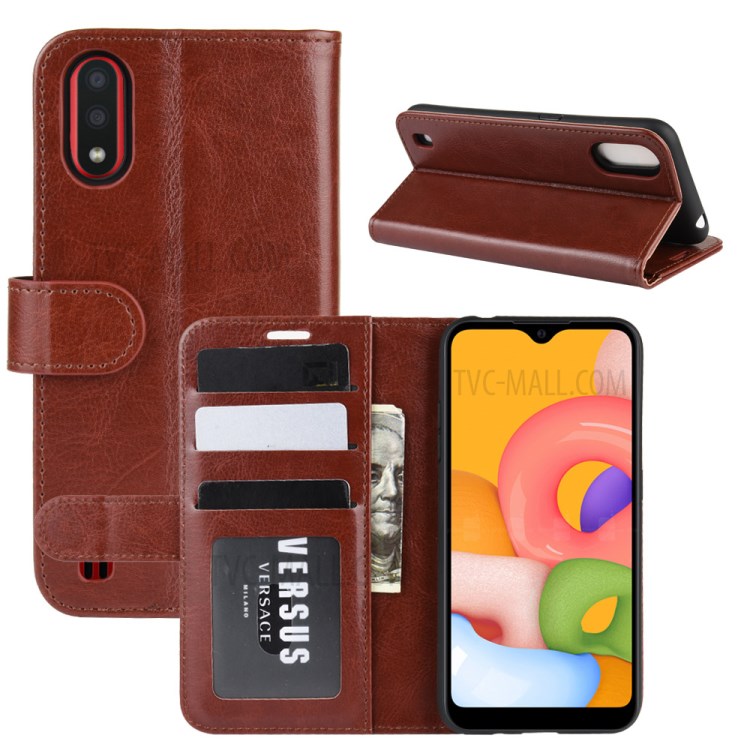 Crazy Horse Surface with Wallet Leather Phone Stand Casing for Samsung Galaxy A01 - Brown-2