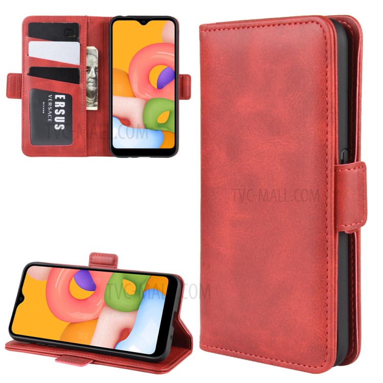 Double Clasp Flip Leather Wallet Stand Phone Case for Samsung Galaxy A01 - Red-1