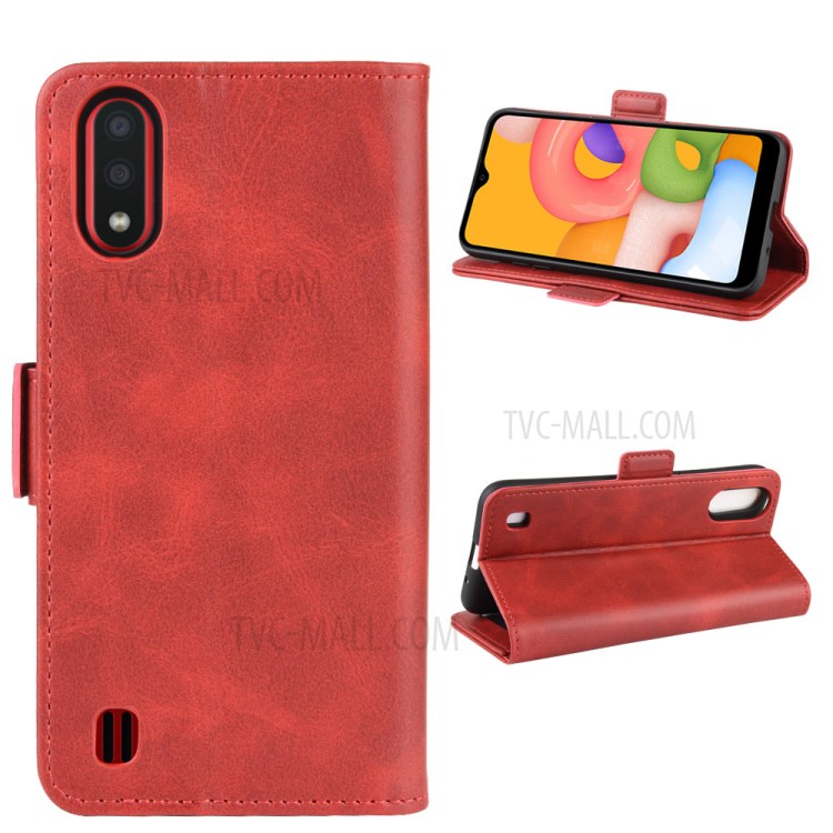 Double Clasp Flip Leather Wallet Stand Phone Case for Samsung Galaxy A01 - Red-2