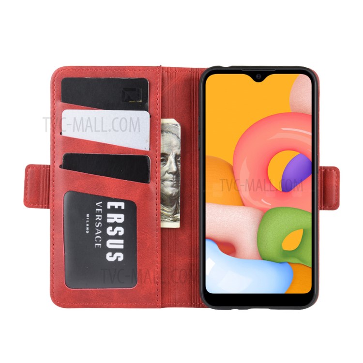 Double Clasp Flip Leather Wallet Stand Phone Case for Samsung Galaxy A01 - Red-5