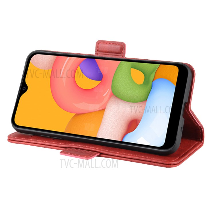 Double Clasp Flip Leather Wallet Stand Phone Case for Samsung Galaxy A01 - Red-6