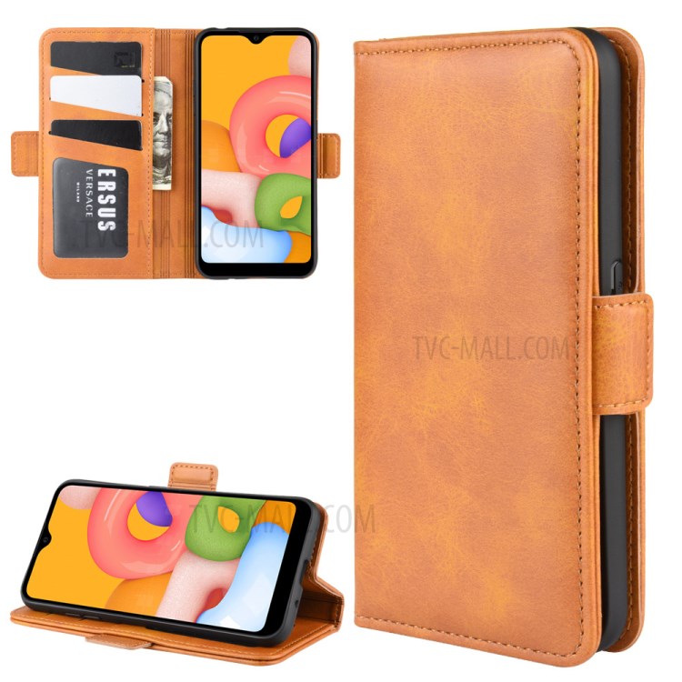Double Clasp Flip Leather Wallet Stand Phone Case for Samsung Galaxy A01 - Light Brown-1