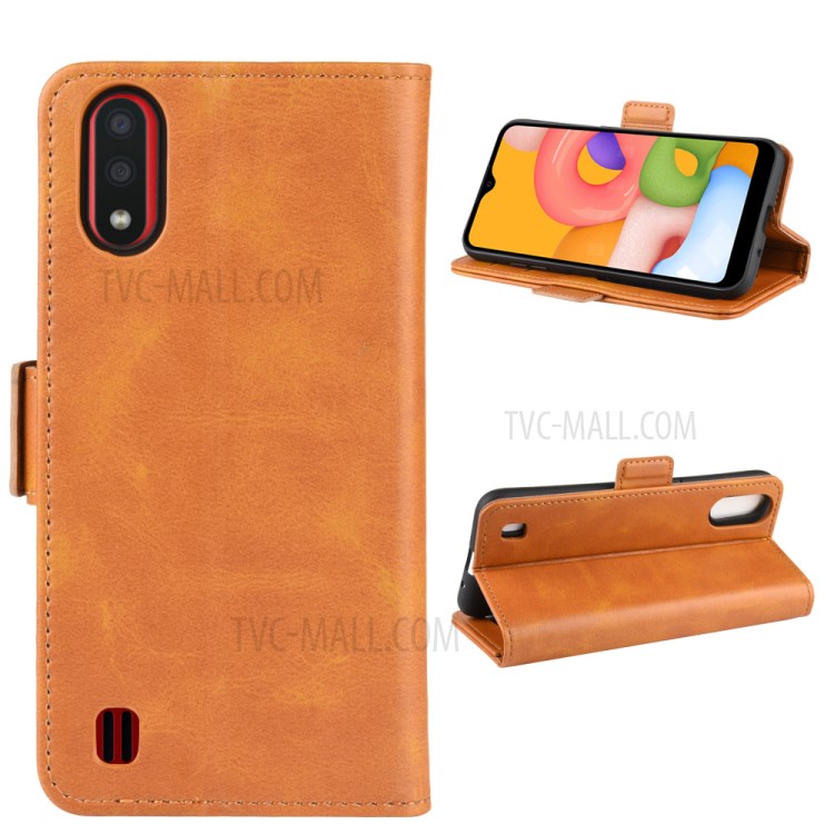 Double Clasp Flip Leather Wallet Stand Phone Case for Samsung Galaxy A01 - Light Brown-2