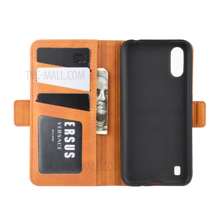 Double Clasp Flip Leather Wallet Stand Phone Case for Samsung Galaxy A01 - Light Brown-5