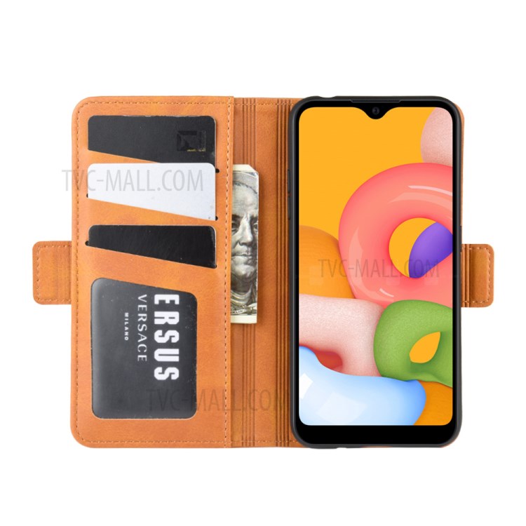 Double Clasp Flip Leather Wallet Stand Phone Case for Samsung Galaxy A01 - Light Brown-6