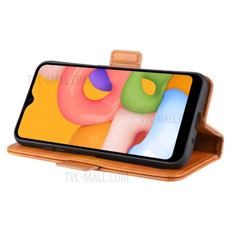 Double Clasp Flip Leather Wallet Stand Phone Case for Samsung Galaxy A01 - Light Brown-7